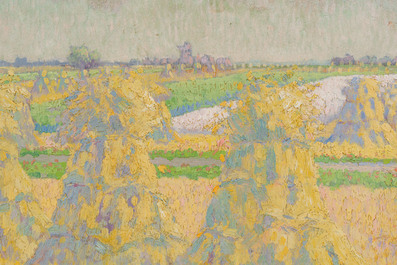 Emile Claus (1849-1924): Hooimijten in een zomers landschap, olie op paneel