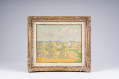 Emile Claus (1849-1924): Hooimijten in een zomers landschap, olie op paneel