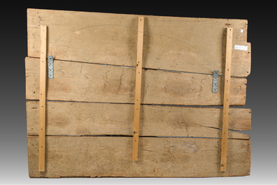 Remarquable panneau mural en bois polychrome d&eacute;cor&eacute; &agrave; d&eacute;cor de hommage &agrave; Bouddha, Sri Lanka, 18&egrave;me/19&egrave;me si&egrave;cle