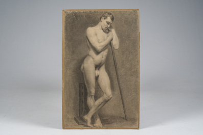 Ecole acad&eacute;mique: Etude de nu masculin, fusain sur papier coll&eacute; sur carton, 19&egrave;me si&egrave;cle
