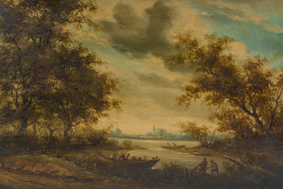 Jan Frederick van Deventer (1822-1889, &agrave; la mani&egrave;re de): Paysage fluvial anim&eacute;, huile sur panneau, 19&egrave;me si&egrave;cle