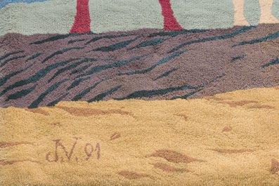 Jos&eacute; Vermeersch (1922-1997): Tapisserie murale except. &agrave; d&eacute;cor des figures et un chien sur la plage, laine tuft&eacute;e &agrave; la main, &eacute;d. 1/1, dat&eacute; (19)91