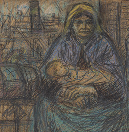 Eugeen Van Mieghem (1875-1930): Vie de famille avec l'activit&eacute; portuaire en arri&egrave;re-plan, fusain et pastel sur papier