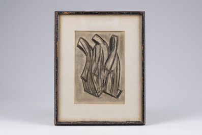 &Eacute;cole belge, illisiblement sign&eacute;: Les trois gr&acirc;ces, fusain sur papier, dat&eacute; 1971