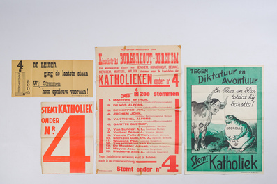 Sept affiches &eacute;lectorales du parti catholique, lith. J. Goyens, F. De Vos &amp; Cie, Frans Gils, Marci, etc., dat&eacute; 1936