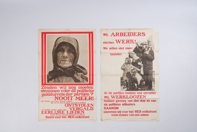 Trois affiches &eacute;lectorales du parti Rex dirig&eacute; par L&eacute;on Degrelle, dat&eacute;  1936