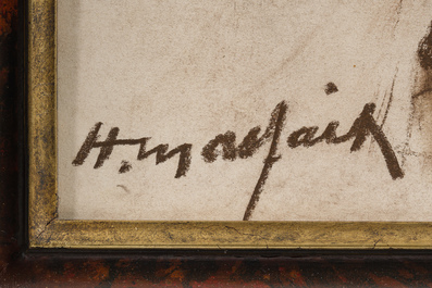 Hubert Malfait (1898-1971): Porcs et un coq, fusain brun sur papier