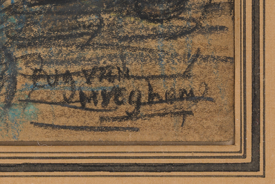 Eugeen Van Mieghem (1875-1930): Vie de famille avec l'activit&eacute; portuaire en arri&egrave;re-plan, fusain et pastel sur papier