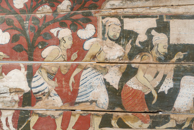 Remarquable panneau mural en bois polychrome d&eacute;cor&eacute; &agrave; d&eacute;cor de hommage &agrave; Bouddha, Sri Lanka, 18&egrave;me/19&egrave;me si&egrave;cle