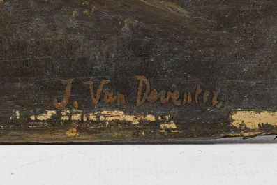 Jan Frederick van Deventer (1822-1889, &agrave; la mani&egrave;re de): Paysage fluvial anim&eacute;, huile sur panneau, 19&egrave;me si&egrave;cle