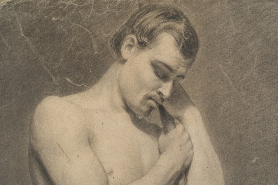 Ecole acad&eacute;mique: Etude de nu masculin, fusain sur papier coll&eacute; sur carton, 19&egrave;me si&egrave;cle