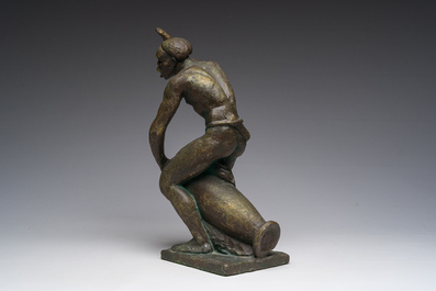 Arthur Dupagne (1895-1961): Le joueur de tam-tam, pl&acirc;tre patin&eacute; bronze