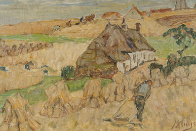 Modest Huys (1874-1932): Landscape with farmers at work, oil on canvas