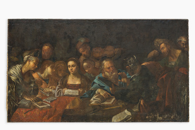 &Eacute;cole italienne: La troupe musicale, huile sur toile, 17&egrave;me si&egrave;cle