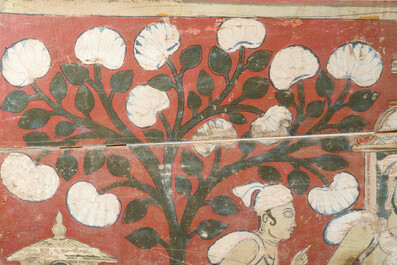 Remarquable panneau mural en bois polychrome d&eacute;cor&eacute; &agrave; d&eacute;cor de hommage &agrave; Bouddha, Sri Lanka, 18&egrave;me/19&egrave;me si&egrave;cle