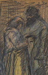 Eugeen Van Mieghem (1875-1930): Vie de famille avec l'activit&eacute; portuaire en arri&egrave;re-plan, fusain et pastel sur papier