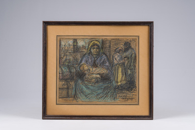 Eugeen Van Mieghem (1875-1930): Vie de famille avec l'activit&eacute; portuaire en arri&egrave;re-plan, fusain et pastel sur papier