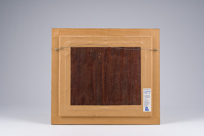 Emile Claus (1849-1924): Hooimijten in een zomers landschap, olie op paneel