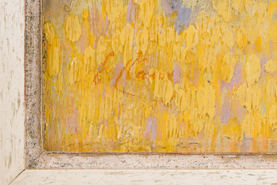 Emile Claus (1849-1924): Hooimijten in een zomers landschap, olie op paneel