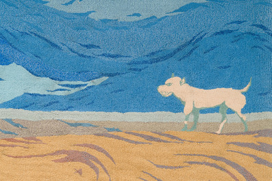 Jos&eacute; Vermeersch (1922-1997): Tapisserie murale except. &agrave; d&eacute;cor des figures et un chien sur la plage, laine tuft&eacute;e &agrave; la main, &eacute;d. 1/1, dat&eacute; (19)91