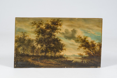 Jan Frederick van Deventer (1822-1889, &agrave; la mani&egrave;re de): Paysage fluvial anim&eacute;, huile sur panneau, 19&egrave;me si&egrave;cle