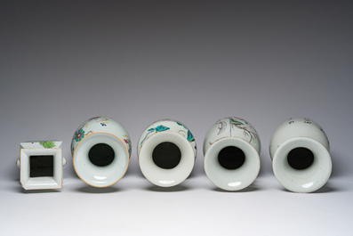 Zes Chinese famille rose en qianjiang cai vazen met floraal en figuratief decor, 19de/20ste eeuw