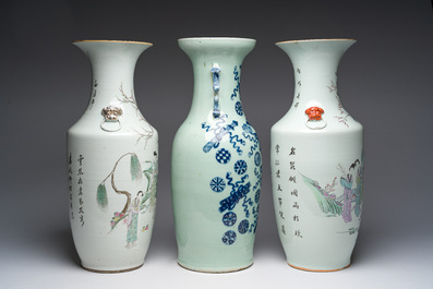 Twee Chinese famille rose vazen met geanimeerde sc&egrave;nes en een blauw-witte celadon vaas met boeddhistische symbolen, 19de/20ste eeuw
