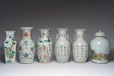 Zes Chinese famille rose en qianjiang cai vazen met floraal en figuratief decor, 19de/20ste eeuw