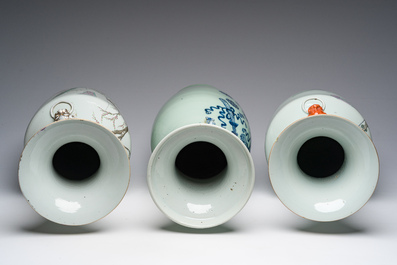 Twee Chinese famille rose vazen met geanimeerde sc&egrave;nes en een blauw-witte celadon vaas met boeddhistische symbolen, 19de/20ste eeuw