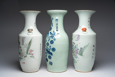 Twee Chinese famille rose vazen met geanimeerde sc&egrave;nes en een blauw-witte celadon vaas met boeddhistische symbolen, 19de/20ste eeuw