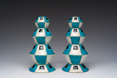Paire de vases Art D&eacute;co en forme de pagode &agrave; d&eacute;cor g&eacute;om&eacute;trique, Boch K&eacute;ramis, La Louvi&egrave;re, Charles Catteau, vers 1929