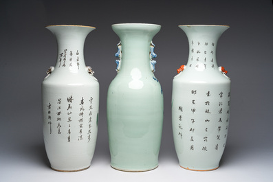 Twee Chinese famille rose vazen met geanimeerde sc&egrave;nes en een blauw-witte celadon vaas met boeddhistische symbolen, 19de/20ste eeuw