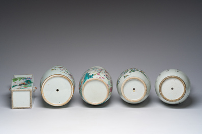 Zes Chinese famille rose en qianjiang cai vazen met floraal en figuratief decor, 19de/20ste eeuw