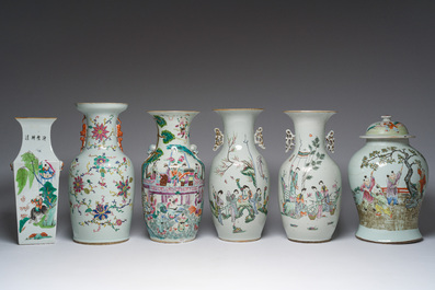 Zes Chinese famille rose en qianjiang cai vazen met floraal en figuratief decor, 19de/20ste eeuw