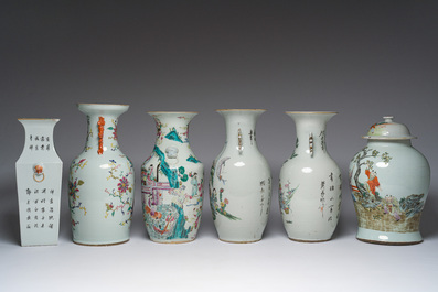 Zes Chinese famille rose en qianjiang cai vazen met floraal en figuratief decor, 19de/20ste eeuw