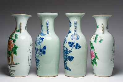 Vier Chinese blauw-witte celadon en famille rose vazen met vogels tussen bloesemtakken en herten, 19de/20ste eeuw