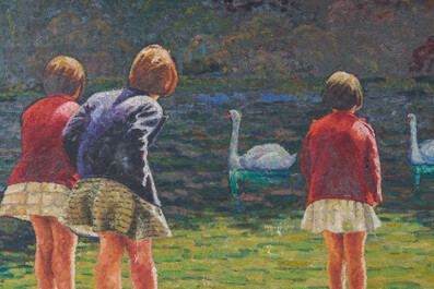 &Eacute;cole belge: Enfants au bord d'un point d'eau avec des cygnes, huile sur toile, 20&egrave;me si&egrave;cle