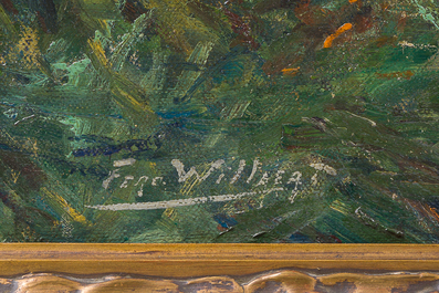 Ferdinand Willaert (1861-1938): Vue d'un &eacute;tang avec des canards et une maison en arri&egrave;re-plan, huile sur toile