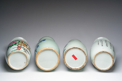 Vier Chinese blauw-witte celadon en famille rose vazen met vogels tussen bloesemtakken en herten, 19de/20ste eeuw