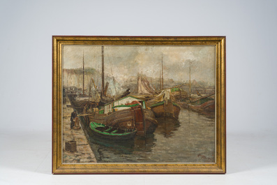 Adrien Segers (1876-1950): Bateaux au port, huile sur toile, dat&eacute; 1907