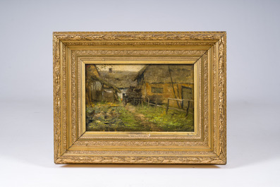 Isidore Verheyden (1846-1905): Vue anim&eacute;e d'une ferme, huile sur panneau