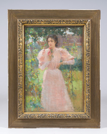 Louise De Hem (1866-1922): Portrait d'une dame en robe rose, une fleur &agrave; la main, dans un jardin, pastel sur papier maroufl&eacute; sur toile