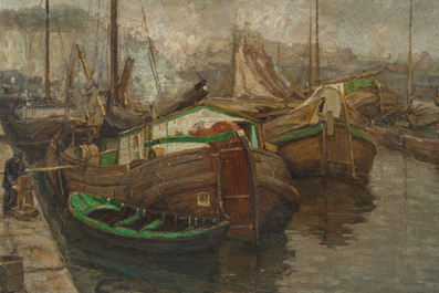 Adrien Segers (1876-1950): Bateaux au port, huile sur toile, dat&eacute; 1907