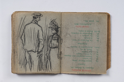 Eugeen Van Mieghem (1875-1930): Carnet de croquis avec des sc&egrave;nes de la vie quotidienne &agrave; Anvers, fusain et pastel, dat&eacute; 22 et 23 ao&ucirc;t 1901