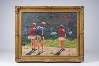 &Eacute;cole belge: Enfants au bord d'un point d'eau avec des cygnes, huile sur toile, 20&egrave;me si&egrave;cle