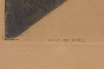 Albert Geudens (1869-1949): Dame dans un int&eacute;rieur pr&egrave;s du feu, huile sur toile et deux &oelig;uvres graphiques