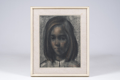 Willem Van Aerden (1912-2000): Portrait d'une jeune fille, techniques mixtes sur papier
