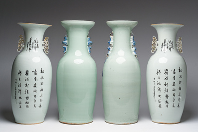 Vier Chinese blauw-witte celadon en famille rose vazen met vogels tussen bloesemtakken en herten, 19de/20ste eeuw