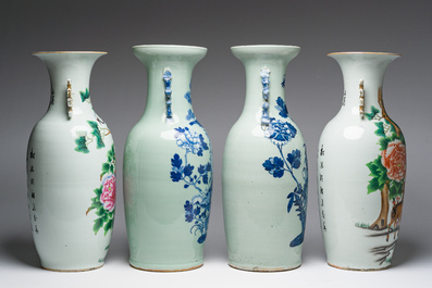 Vier Chinese blauw-witte celadon en famille rose vazen met vogels tussen bloesemtakken en herten, 19de/20ste eeuw