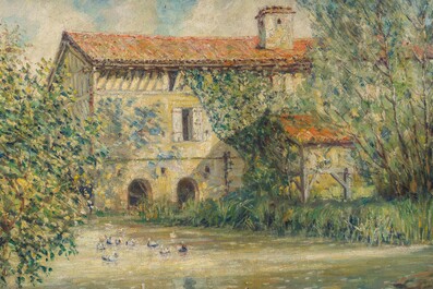 Ferdinand Willaert (1861-1938): Vue d'un &eacute;tang avec des canards et une maison en arri&egrave;re-plan, huile sur toile